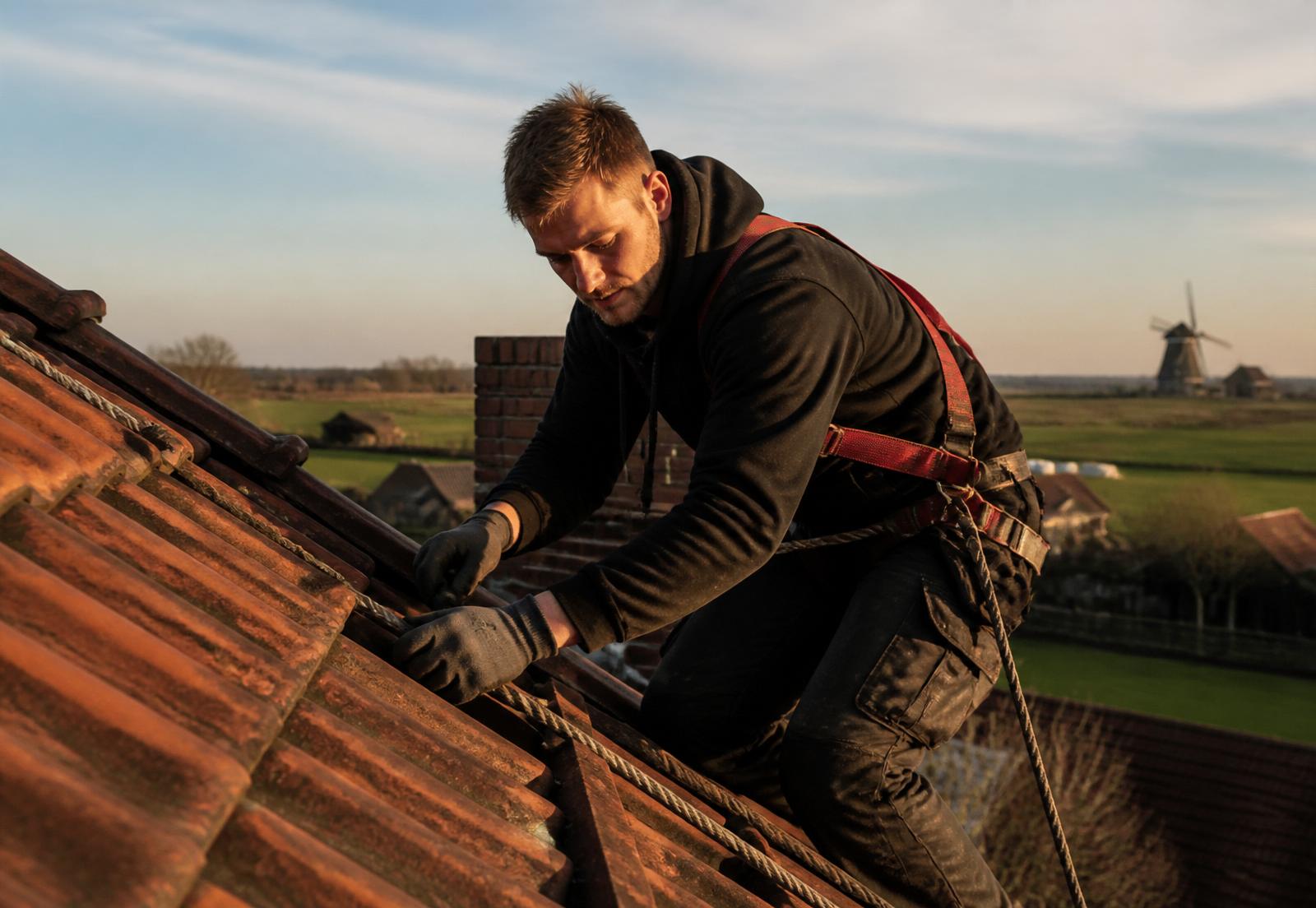 Dachdecker aus Weener bei der Neueindeckung eines Ziegeldachs in Ostfriesland
